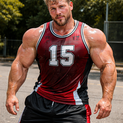 A Real life Full Body Image of a Dad with Dirty Blond hair and Brown Eyes with a Beard with Chunky Arms with Pecs strong enough to Hold up a Building with a Defined Stocky Body And Grotesque Wrestling Body and a Tiny Waist Blushing and With Sunburn under his Eyes. Wearing A Basketball Jersey with Shorts and Licking his Lips. Drenched in Sweat
