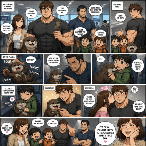 A DETAILED AND LIFELIKE ANIME Comic Book story view of a Bulky but Muscular ANIME Cute Bara Man With Peach toned skin Who looks Normal aind round facial Structure and Basic facial structure With Puffy and Big Pecs that are visible through the shirt and Biceps and Bandaid on his nose and Brown Fluffy and Strait hair. Wearing a normal clothes And with his pet and grown otter and 2 little brothers and the mom and the dad. And they are on there way in the airport to the plane and when there on the plane otter Squirms cause he’s scared and He gets disciplined from the dad and then the otter goes to One of the Brothers and he comforts it. And the otter calms down in the lap of one of the brothers and the big brother feeds him for and the otter is happy. and a girl flirts with the big Brother, and he gets a kiss on the cheek and everyone laughs at him and his mom says it’s ok I happy to have a irresistible son
