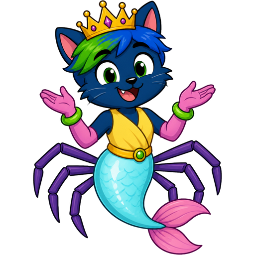 smiling dark blue boy cat furry with green and blue hair wearing golden crown green braclets attached to pink long rubber gloves yellow dress tucked in a light cyan mermaid tail with white highlights with pink tail fins with purple spider legs (cats cartoon network)