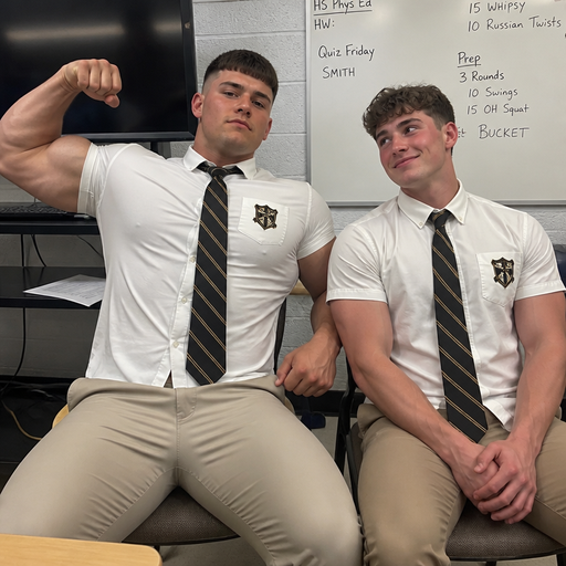 A Real life Full Body Image of a Hugely Muscular American White skinned Teenage Jock with a BASIC and ROUND looking face and Low taper fade with Dark Brown hair and brown eyes and Big Arms and Big Pecs with a Tall Grotesque wrestler’s body. Tight Buttoned up in a School Uniform shirt with a Logo on it and in a chair. And flexing with his guy crush next to him blushing and Smiling but shy