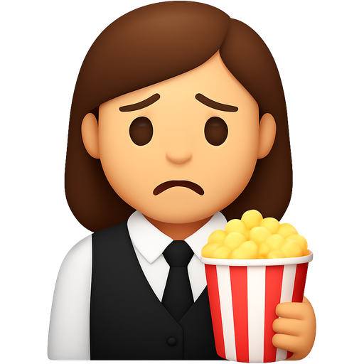 A girl with brown hair wearing a white button up with a black vest over it with a black tie depressed holding popcorn