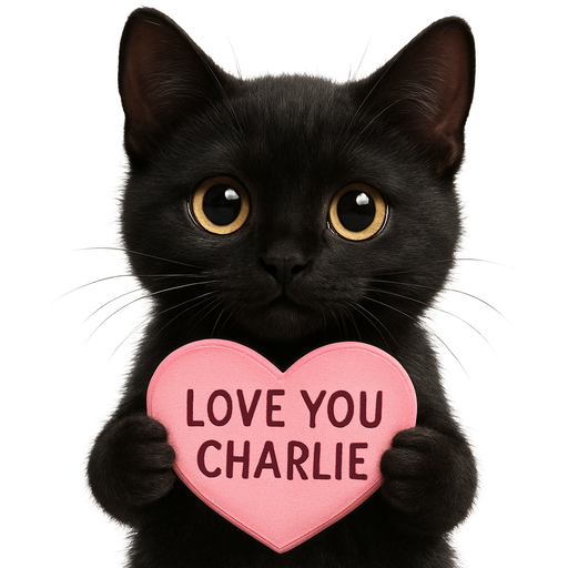 a cute black cat in a long angle shot holds a tiny pink sign in the shape of a heart saying love you charlie