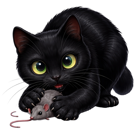 Large all black Bombay polydactyl adult cat, big light green eyes, very shiny coat, playing with toy mouse