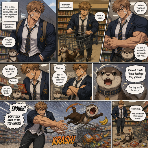 A Lifelike and Detailed Comic book story about of a Bulky and Beefy and every Muscle is bigger than average and less shredded or muscular with Chunky and Bulky chest and Biceps and his defined abs ANIME Cute Bara Man American 20 year old with a ROUND and BASIC facial structure and Young Adult BARA CUTE that is Peach Toned skin not anything else MALE not to detailed With bigger than average Pecs that are visible through the shirt and Biceps but slim and Athletic Lower body that makes have a V-Tapper Lower Body and a big Bandaid on his nose and Left Cheek and Right Eye brow with Scars all over his Chest and arms. Wearing a no piercings Wearing a baggy School Uniform and tie with Blazar and Pants and yellowish Brown Hair and Bright Light Brown fluffy Hair and Strait with brown eyes and black eyebrows with a Three finger Slash on his Eyebrow. With no Facial Hair. Coming home from School with his Pet Otter that has a Collar and has a Huge Crush on him but he doesn’t like the otter back, at the grocery store with the leash tied to the cart ans excessively Bullies it all day. And he the otter always gets disciples. And the otter one day talked back to him at the grocery store and the otter is throw at the cart and a the cart falls
