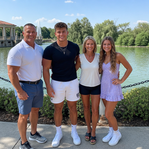 A Real life Full Body Image of an and Buff and Bulky and a lot of meat on him and Tanner Skin and Brown Spiked haired and Blue Eyed High Schooler. And Takes a Picture with his family at a beautiful park