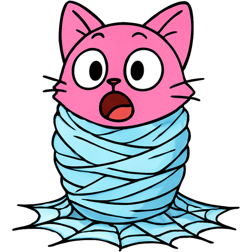 #B8FFFF cocooned wrapped up pink cat shocked with an excitement cocooned covered with thick coat of #B8FFFF webbing on the ground emoji, artistic style