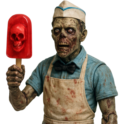 action figure version zombie ice cream vendor with a red popsicle with a skull inside it action figure version