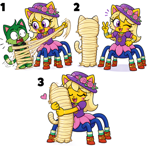 1 green boy cat furry getting quickly wrapped up and webbed by furry yellow cat anthro with purple eyes light blonde hair purple and pink florist hat and purple florist outfit a drider's blue lower body wearing green and white socks and red orange boots with buckles light pink skirt peace sign necklace hybrid with its own light blonde hair webbing 2 light blonde hair mummy shaped like green boy cat furry completely covered with light blonde hair mummy 3 then furry yellow cat anthro with purple eyes light blonde hair purple and pink florist hat and purple florist outfit a drider's blue lower body wearing green and white socks and red orange boots with buckles light pink skirt peace sign necklace hybrid hugs the light blonde hair mummy shaped like green boy cat furry completely covered with light blonde hair mummy cartoon network unikitty comic version
