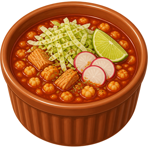 ghibli style | color #A0522D tall mini ceramic ramekin | pozole rojo inside ramekin | view: the high-angle + front center + close-up