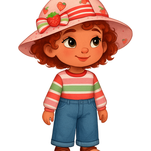 Strawberry Shortcake with a Petite Shape, Warm Medium Buff Skin Tone Wearing a Pink Sunhat with Strawberries all over it with a Red Ribbon and a Strawberry in the middle of a Pink, Green and White Bow With Upturned Eyes, Wispy Eyelashes, Soft Angled Eyebrows and Copper Red Short Curly Hair Wearing a Red,Pink, Green and White Long Sleeve Shirt, Blue Baggy Jeans and Brown Close Toed Buckle up Shoes with Green Eyes