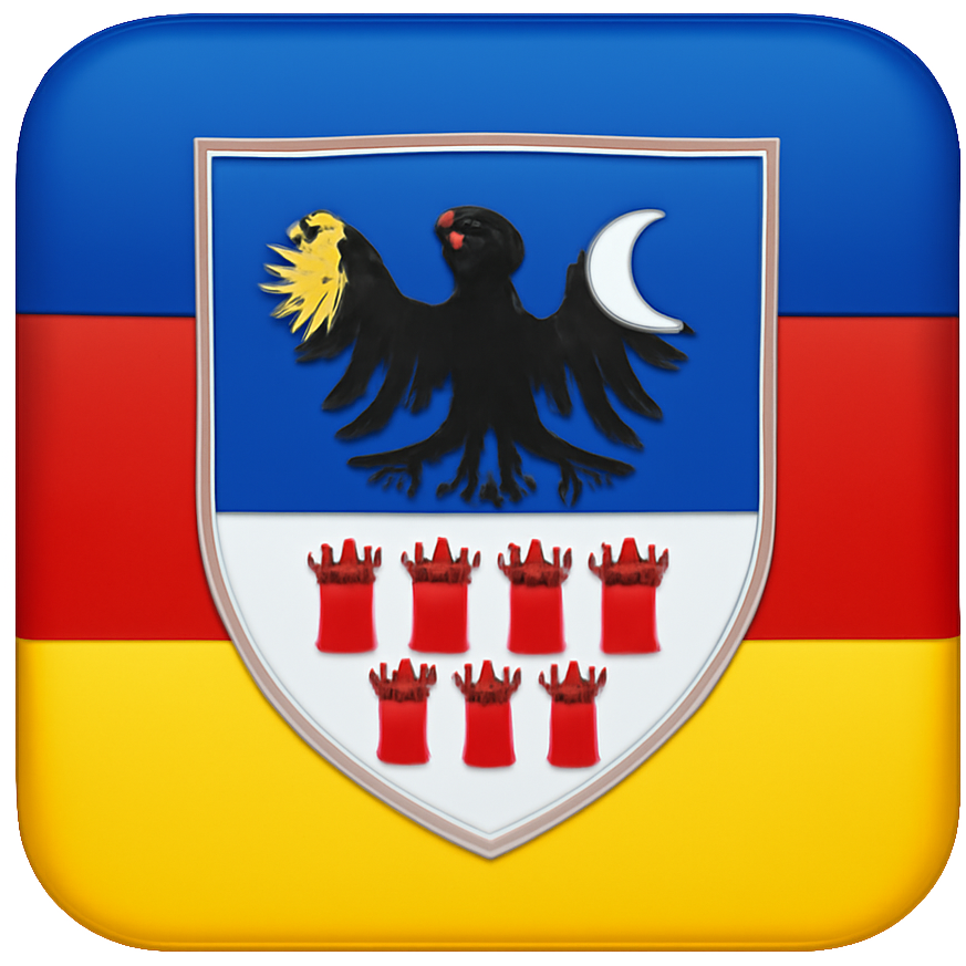 Transylvanian flag, blue at the top going horizontal, red under, at last yellow, In the middle an Escutcheon shape with the same patyern of colours except the red is thinner, A black eagle witj a moon on its right and sun on its left , the eagle is om the blue part and om the yellow part there is 7 red bastilles