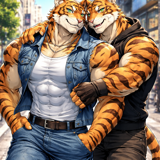 A Anime Full BODY and FACE of a Muscular and Buff with Gigantic Pecs AND biceps. VERY Masculine and handsome Bara Furry Tiger with a Very Good-looking , Dreamy and Mature Face and Blue eyes with a wrestler type body. Dressed in a Jean Jacket. Walking on the street. With another Bara Furry hugging Each other