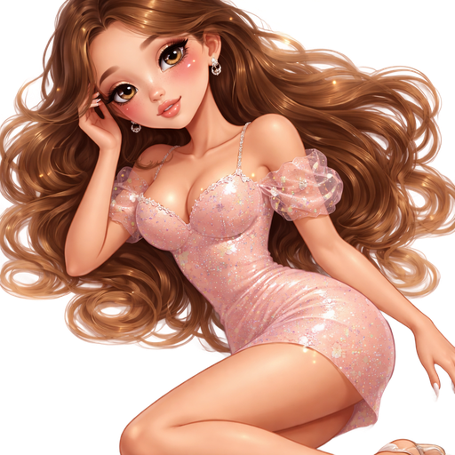 soft airbrushed glam, mini plush Bratz-doll aesthetic, cinematic glow, crisp clean detail, glossy soft skin. brown eyed skinny Petite girl, fair skin with soft freckles, wide face with tall forehead, honey-brown almond wide-set upturned eyes, fluttery lashes, shimmer highlight, plush lips, bottom heavy lip, sweet Belle-princess vibe, mid-long brunette hair with visible caramel highlights. softly defined feminine body, soft hourglass shape with full round bust, dressed as modern day chic princess Giselle. hair like princess Giselle. sleek almond nails. peachy-pink blush with shimmer highlight, glossy shimmer lips. posing. full body head to toe showing. chocolate brown hair with caramel balayage. lying down slightly pose. Cozy romantic glow, soft warm lighting, pop-princess energy