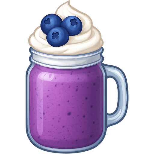 Blueberry smoothie in a mason jar with a handle white whipped cream on top of the smoothie and a three blueberries in the whipped cream