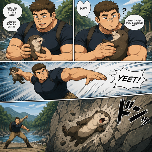A DETAILED AND LIFELIKE ANIME Comic Book story view of a Bulky but Muscular ANIME Cute Bara Man With Peach toned skin Who looks Normal aind round facial Structure and Basic facial structure With Puffy and Big Pecs that are visible through the shirt and Biceps and Bandaid on his nose and Brown short hair. Wearing normal clothes. An otter and then he throws it at a rock