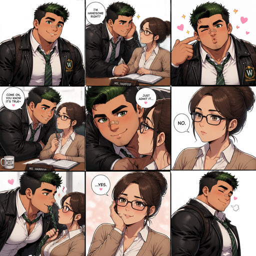A Full page Anime Comic book story of a masculine and Bulky ANIME Cute Bara Man Who looks Normal and American 20 year old with a round facial Structure and Basic facial structure With Puffy and Big Pecs that are visible through the shirt and Biceps and Bandaid on his nose. Wearing a school uniform and Logo on it Leather jacket over and Pants and Dark Green Hair and Black Roots and Short lengthen. At a School and flirting with the Teacher at her desk and saying I’m handsome right making faces to persuade and make her blush. And Making a Warm, cute and hot smile and Really close to her leaning on her desk. She says no with a strait face. Then he holds his Tie in his mouth then she says yes. And then looks away