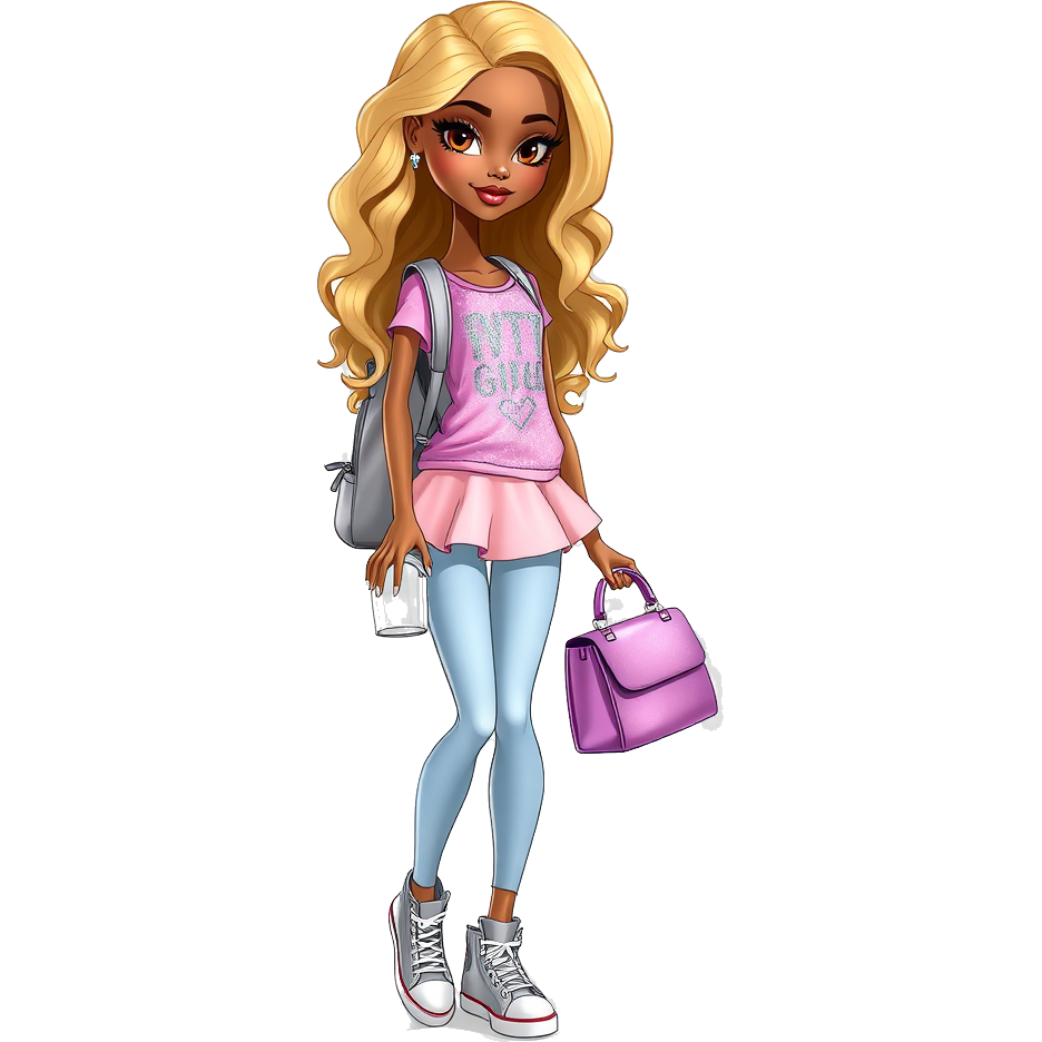 A tall and skinny, Bratz doll with light brown skin and brown eyes. Her honey blonde hair is long and in long wavy curl. She’s dressed in a light pink and silver sparkly girly designed tshirt, a light pink layered poofy skirt, light blue jeggings, and silver metallic converse sneakers. She’s carrying a silver metallic backpack and a metallic violet pink medium purse/gymbag