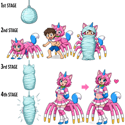 life cycle of anthro femboy pink cat drider with blue and white tail white wrists blue hands white ankles yellow tips on spider legs green collar blue unicorn horn wearing femboy clothing based on unikitty metamorphosis transformation better version 1st stage #B8FFFF spider eggsac 2nd stage pink spider cat hybrid next to 1 pink spider cat hybrid latching on a kid in blue shorts and 2 wrapping around kid in blue shorts whole body and head with #B8FFFF silk webbing 3rd stage cocoon wrapped up and mummified fully covered in a #B8FFFF spider slik cocoon shaped like anthro femboy cat anthro behind back with #B8FFFF spider slik wrappings completely covered with thick layers non-transparent #B8FFFF spider slik wrappings hanging on #B8FFFF slik wrappings 4th stage adult 1 anthro femboy pink cat drider with blue and white tail white wrists blue hands white ankles yellow tips on spider legs green collar blue unicorn horn wearing femboy clothing based on unikitty emerges from its wrapped up and mummified fully covered in a #B8FFFF spider slik cocoon shaped like anthro femboy cat anthro arms behind back with #B8FFFF spider slik wrappings completely covered with thick layers non-transparent #B8FFFF spider slik wrappings hanging on #B8FFFF slik wrappings 2 anthro femboy pink cat drider with blue and white tail white wrists blue hands white ankles yellow tips on spider legs green collar blue unicorn horn wearing femboy clothing based on unikitty with a heart briefly appears