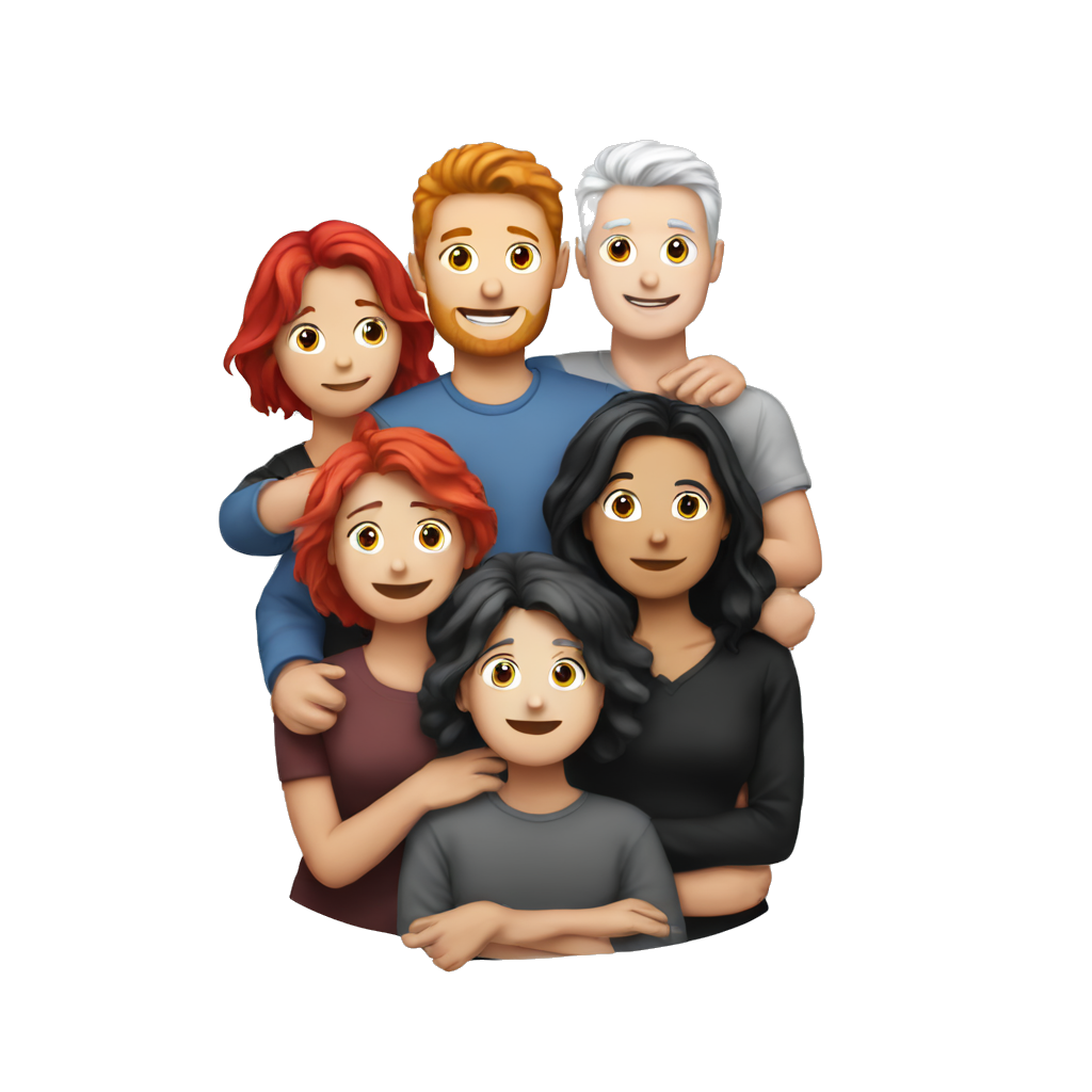 five white people hugging, one with red hair, one with silver hair, the others with black hair (all straight)