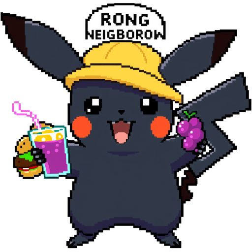 Pure Black pikachu with fried chicken and grape coolaid in O’block saying “wrong neighborhood” while whipping hamburgers with his tail