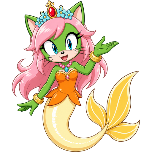 green cat with light pink hair red and flower light cyan crown pink and blue necklace golden and golden bracelets orange dress attached to long light yellow mermaid tail with white highlights with yellow tail fins with white highlights (sonic x anime)