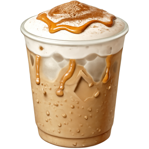 A cold crisp ice chai latte with a caramel drizzle extra large ice cubes vanilla cold foam in a medium size plastic cup with realistic drops of condensation with cinnamon on top