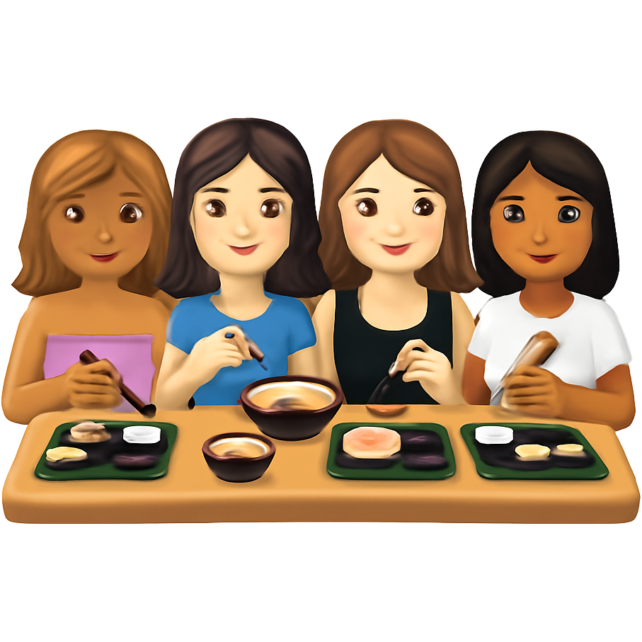 Una mesa con cuatro chicas cenando comida japonesa. La primera chica: color de piel un poco morena, con un top de banda lila, color de pelo castaño claro con mechas rubias, de longitud hasta los hombros y un poco ondulado. La segunda chica: pelo ondulado castaño un poco oscuro largo, color de piel clarito y una camiseta azul. La tercera chica: pelo por debajo de los hombros, castaño claro y liso. Color de piel más blanquita y camiseta negra de tirantes. Por último, la cuarta chica: ojos un poco de avellana, pelo negro liso por los hombros. Camiseta blanca de manga corta y color de piel un poco morena.