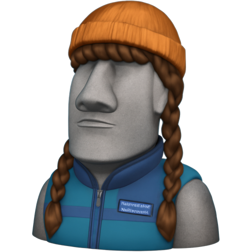 official Apple Moai grey stone statue wearing a Patagonia vest and beanie with bangs, and cute long brown braided pigtails hair