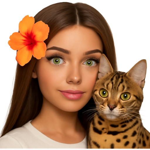 A Girl with Brown Long and straight hair and green eyes and some beautiful lashes and a hawaii flower in her hair and a White top and she is with a a cat that looks like a leopard and she has lipgloss