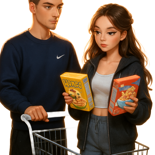 grocery shopping late at night: luxury glossy bratz-baddie romantic aesthetic, cinematic glow, crisp clean detail, glossy glam: tall slim young man: long face shape with long point chin, straight nose, high cheeks, downturned slightly set close light green with golden flecks, almond shaped eyes, long lashes, thin straight slight angled brows, golden light skin tone, full wide soft pink lips, facial hair: clean-shaven, thick chin goatee, dark blonde hair, textured crop haircut, serious expression, wearing navy Nike crewneck, black athletic shorts, sporty Nike sneakers, he’s pushing the cart slowly just staring at her with a smirk and petite girl, soft-autumn tone, pale skin, honey-brown doe-almond eyes, soft button nose, soft freckles, round, full moderate bust, soft body definition, sweet Belle-princess vibe, long brunette honey balayage hair with blonde highlights, charcoal oversized zip hoodie half-unzipped with a white baby tee, slate joggers slouched at the ankle, fluffy socks in slides, hair in claw-clip & tinted lip balm, she’s comparing cereals like it’s life-or-death, pop-princess energy, shimmer highlight, sparkly glow