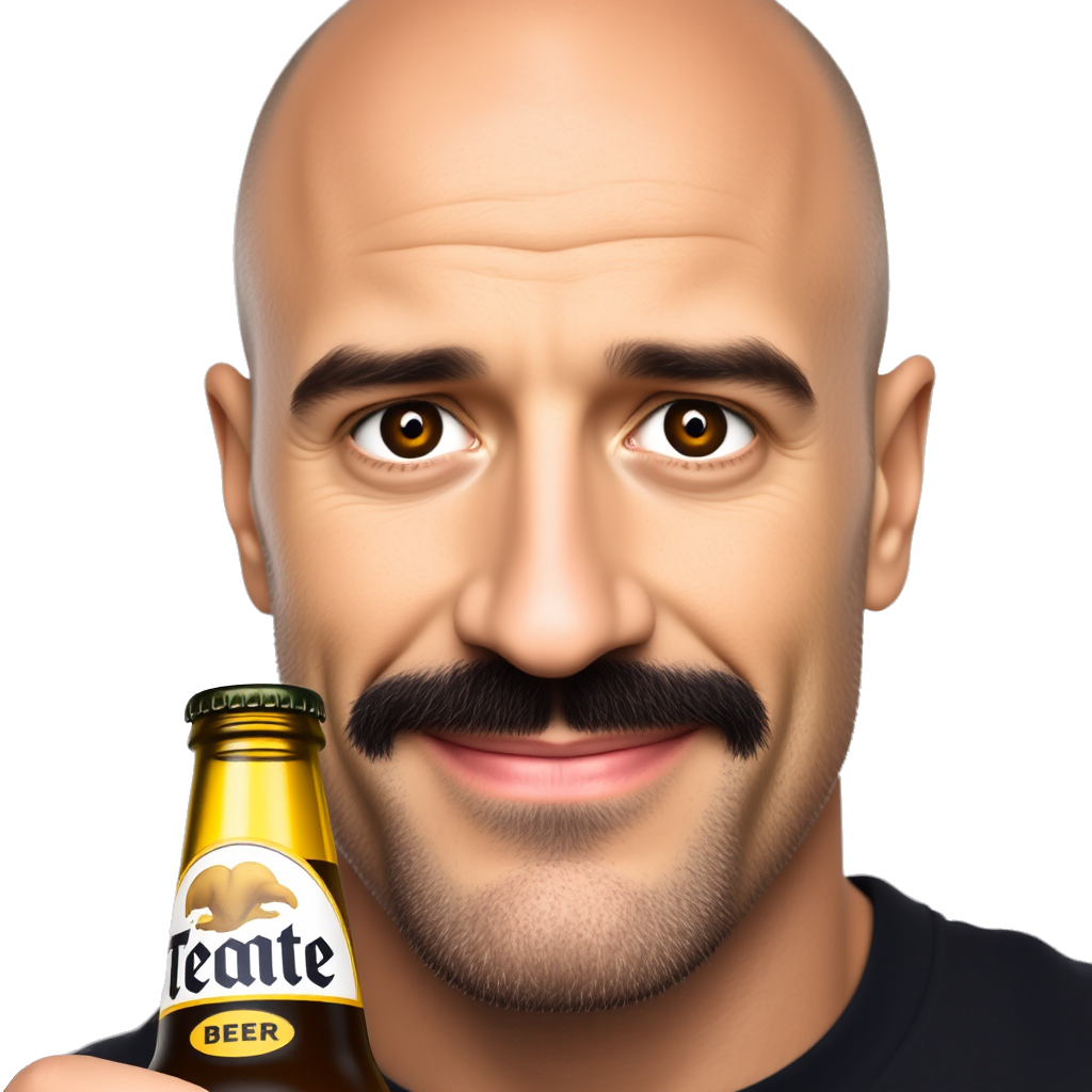 Bald man with a light brown skin complex and a black mustache big brown eyes black thick eyebrows and black beard with a Tecate beer in a glass bottle