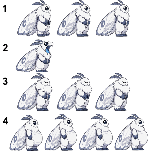 (1 giant snow moth furry idle 3 three sprites side view) (2 giant snow moth furry side view with a blue mouth open wide side view)(3 giant snow moth furry side view with a blue mouth closed and eyes closed and thorax bulge 3 sprites side view) (4 giant snow moth furry with full tummy mouth closed 4 sprites side view) games sprites (cute cartoon clipart style)