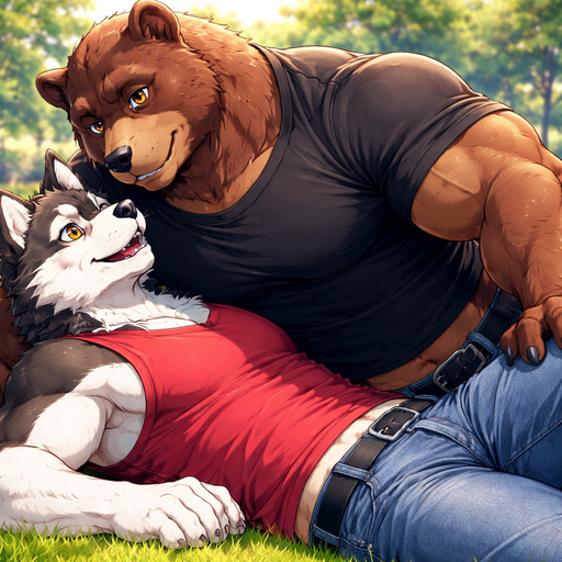 A Full BODY and FACE of a Buff and defined Muscular Body and a Bara Furry Grizzly Bear with brown eyes with a wrestler type body. Wearing a Black Shirt that is short around the waist and Jeans. Talking to his Husky Boyfriend Furry with Light Brown Eyes. Laying next to him at the Park. Leaning on top of him