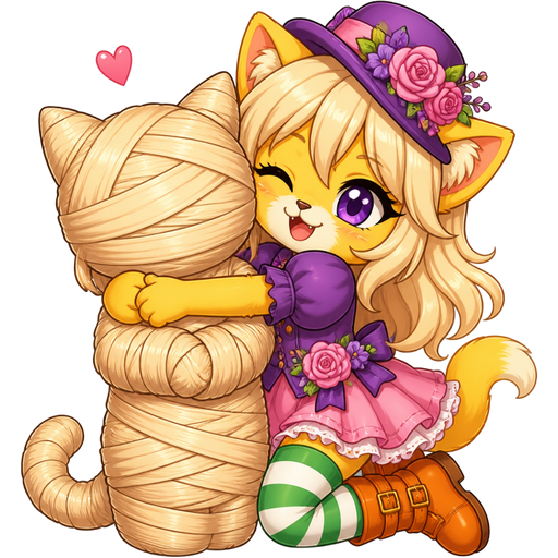 green boy cat furry getting mummified by furry yellow cat girl anthro with purple eyes light blonde hair purple and pink florist hat and purple florist outfit green and white socks orange boots with buckles pink skirt with light blonde hair 2 light blonde hair mummy shaped like green boy cat furry completely covered with light blonde hair mummy then furry yellow cat girl anthro with purple eyes light blonde hair purple and pink florist hat and purple florist outfit green and white socks orange boots with buckles pink skirt hugs the light blonde hair mummy clipart cartoon
