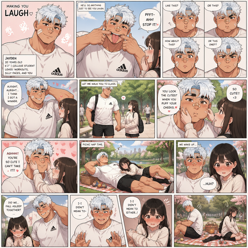 A Full page Anime Comic book story about of a masculine and Bulky ANIME Cute Bara Man American 20 year old with a ROUND and BASIC facial structure and TENAGE BARA CUTE MALE not to detailed With bigger than average Pecs that are visible through the shirt and Biceps and Bandaid on his nose and Left Cheek and Right Eye brow warring. Wearing a no piercings Baggy White Adidas Athletic shirt and Short and White Korean Permed Hair and Light blue hair Roots and Strait with brown eyes and black eyebrows. And makes more funny faces just to see her laugh. And then. Let me walk you to class and holds her hand and she says you look the cutest when you puff your cheeks and she grabs his cheek and has cuteness aggression towards him. The Napping together on a Picnic in a Beautiful Park. And they wake up and Blush finding they slept together. And they Back away from Eachother