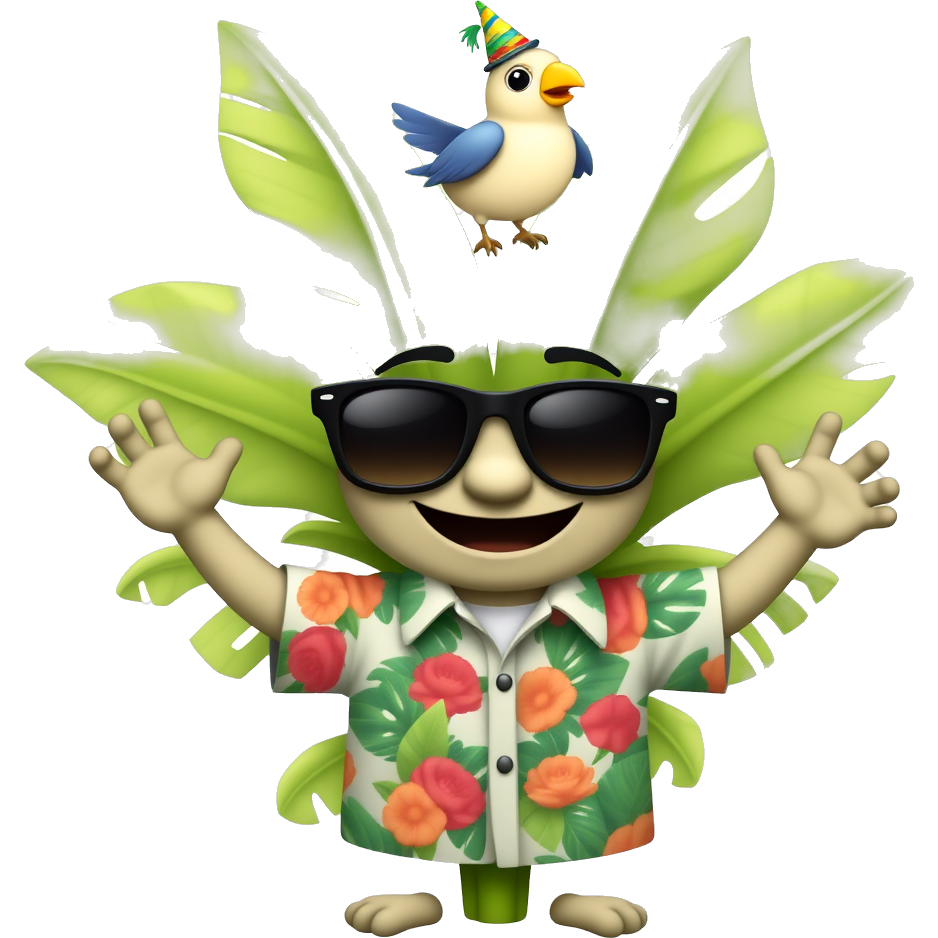 A whimsical Monstera plant sporting oversized sunglasses and a silly grin, wearing a colorful Hawaiian shirt. Each leaf is adorned with tiny googly eyes, while playful cartoonish arms wave joyfully. A tiny bird in a party hat dances on top, making it the life of the jungle party! ๐ฟ๐๐