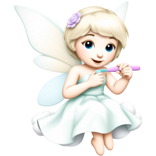 A whimsical pastel fairy with shimmering wings and sparkling jeweled eyes, wearing a flowing mint green dress, gently brushes her pearly-white teeth with a delicate lavender toothbrush. Surrounding her are soft clouds of cotton candy fluff and twinkling pastel stars, creating a dreamy, enchanting scene. π§ββοΈπβ¨πͺ₯π