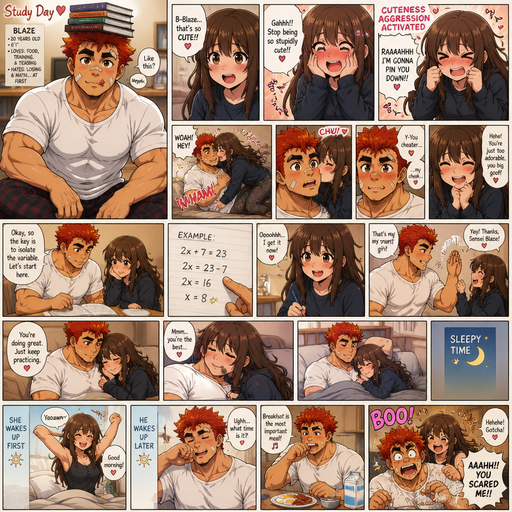 A Full page Anime Comic book story about of a masculine and Bulky ANIME Cute Bara Man American 20 year old with a ROUND and BASIC facial structure and TENAGE BARA CUTE MALE not to detailed With bigger than average Pecs that are visible through the shirt and Biceps and a big Bandaid on his nose and Left Cheek and Right Eye brow. Wearing a no piercings Baggy White shirt and pajamas pants and Red Hair and Bright Orange Hair Tips and Strait with brown eyes and black eyebrows. Sitting down looking up And Balances Books on his head and Licking his lips and making her blush and having cuteness aggression against him. She laughs and she takes him down while play fight. And she kisses him on the Cheek. And he teaches her some Math and they snuggle. And they wake up at different times And she scares him for fun when he’s awake eating break-feast
