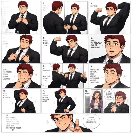A Full page Anime Comic book story of a masculine and Bulky ANIME Cute Bara Man Who looks Normal and American 20 year old with a round facial Structure and Basic facial structure With Puffy and Big Pecs that are visible through the shirt and Biceps and Bandaid on his nose. Wearing a Black Suit and tie and Pants and Dark Red Hair. Doing different poses in the bathroom and showing off his body in the mirror and finally recognizing that he’s handsome. And then Flirts with himself in the mirror. And stretches and acts like a Model. And then his mom comes in and hide from embarrassment