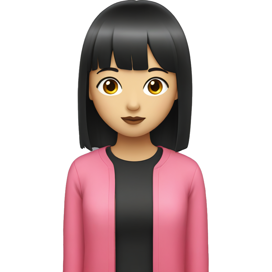 It is a asian girl. Her hair is long black,straight. She also has bangs. She has pink colored lips, which is glossy. Her eyelashes are long. She wears red long sleeve tee which has 'ducati' sign on it.