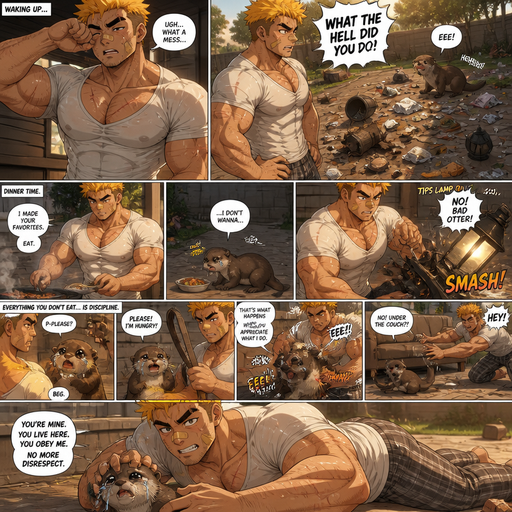 A Young Adult BARA CUTE that is Peach Toned skin not anything else MALE not to detailed Wit h bigger than average Pecs that are visible through the shirt and Biceps and a big Bandaid on his nose and Left Cheek and Right Eye brow with Scars all over his Chest and arms. Wearing a White Baggy Top that is tight around the waist and Athletic shirt drenched in sweat and Short and yellowish orange Hair and Bright Gold Fluffy Hair and Strait with brown eyes and black eyebrows with a Three finger Slash on his Eyebrow. With no Facial Hair. Waking up in the morning in pajamas and his pet otter Excessively bully’s it. And when he sees the otter make a mess everywhere right we’re he left him with trash around him and made a mess. He makes dinner and the Otter doesn’t even eat dinner and cries. And he Tips lamp over. And he Tips lamp over and Every food the otter doesn’t eat there are is discipline. and asks for some and the looses a tail and tries to run under the couch but stops him. And the otter Receives discipline that. All of this is outside. And Excessively bullies him