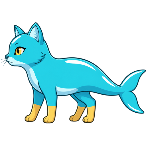 cyan dolphin tail with white highlights instead + cyan cat with white highlights and yellow eyes and legs =hybrid side view