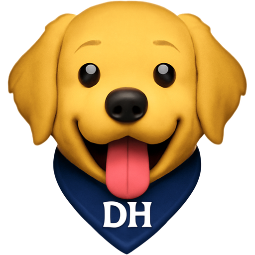 A golden retriever with its mouth open and younger out wearing a navy blue bandanna that says DH in white letters