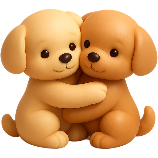 Create a realistic 3D emoji in cozy beige aesthetic style — two Maltipoo puppies hugging. Both puppies should look like cute plush toys, not fluffy or furry, but smooth and softly shaded like iOS 3D emojis. One puppy is light caramel cream, the other slightly darker caramel. They are sitting and hugging like two teddy bears, with round baby-face eyes, a small black nose, short paws, and gentle smiles. The lighting should be warm and cozy, in beige, cream and pastel tones, similar to fall or café aesthetic. Style: realistic 3D emoji (not cartoon, not fuzzy), iOS-style shading, soft warm light, glossy smooth surface, cozy minimalist background. Format: 512×512 PNG with transparent background.