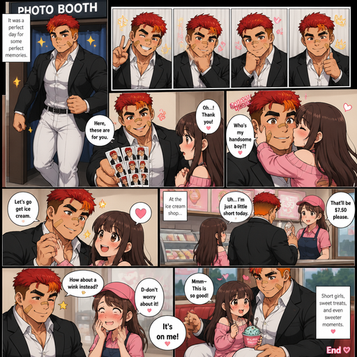 A Full page Anime Comic book story about of a masculine and Bulky ANIME Cute Bara Man American 20 year old with a ROUND and BASIC facial structure and TENAGE BARA CUTE MALE not to detailed With bigger than average Pecs that are visible through the shirt and Biceps and a big Bandaid on his nose and Left Cheek and Right Eye brow. Wearing a no piercings Black suit a White and Pants and Red Hair and Bright Orange Hair Tips and Strait is wearing Fluffy short Hair a brown eyes and black eyebrows. Taking Hot, Dreamy and Attractive Photos in a Photo Booth. And then gives them to Olivia and she Blush. And then hugs him and she spinchs his cheeks and says who’s my handsome Boy. She kisses him on the Cheek. He lovely and daringly grabs her hand and says let’s go get ice cream. At the Ice cream shop ordering at the counter and didn’t have enough and so he winked at the person at the cash register, and she blushed and said don’t worry about it. Then she eats the ice cream on his lap cause she’s to short