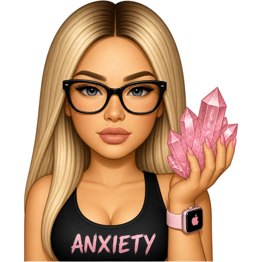 35 year old baddie with subtle full lips a slight bumpy nose slim face high cheek bones with alot of freckles across the nose almond shaped gray colored eyes lashes nose stud fair skin with freckles across nose with long straight blonde hair and dark roots parted in the middle serious and black glasses wearing a black tank top that says ANXIETY holding pink shiny crystals with pink color nails and pink Applewatch