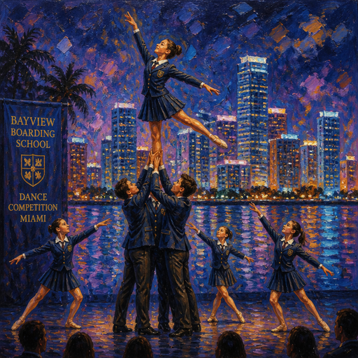 give me kids at a dance competition and it is part of their boarding school and kids are dancing on stage and this girl is getting lifted up in the air with a Miami city night view
