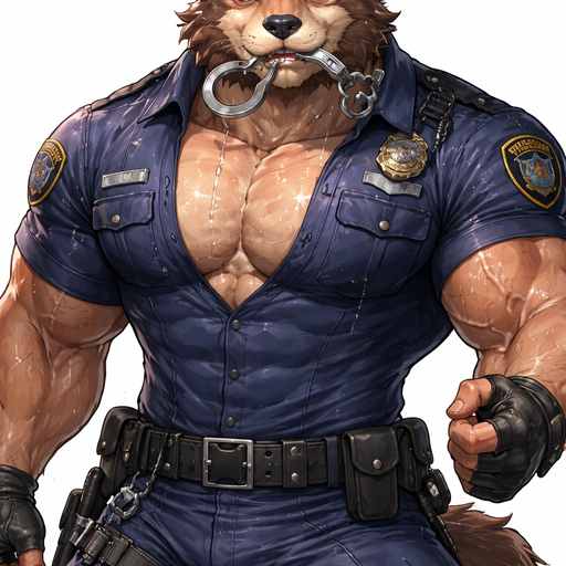 A Anime Full Body and Face of a Muscular and. VERY Masculine and handsome Bara Furry Bear with a Very detailed Good looking Face and Blue eyes with a wrestler type body. Dressed in a Police Uniform Holding Handcuffs his Mouth. Drenched in Sweat