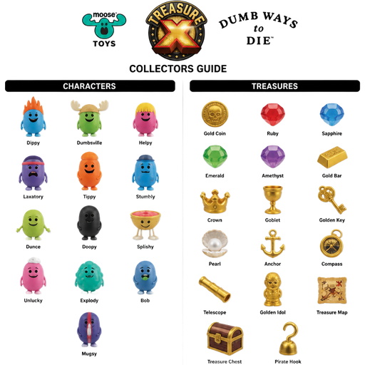 moose toys treasure x dumb ways to die collectors guide characters names on left and all treasures names on right