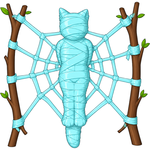 #B8FFFF duct tape mummy-like-cocoon furry cat anthro entombed wrapped up and mummified fully covered in a #B8FFFF duct tape cocoon shaped like furry cat anthro with arms behind back with #B8FFFF duct tape wrappings completely covered with thick layers non-transparent #B8FFFF duct tape wrappings #B8FFFF on a giant spider web made of #B8FFFF duct tape between two branches (pet society game room decoration)